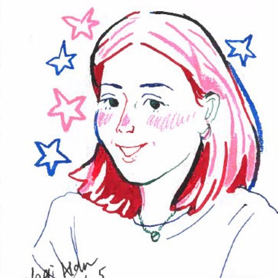 A colourful drawing of Ysabelle with stars around her.