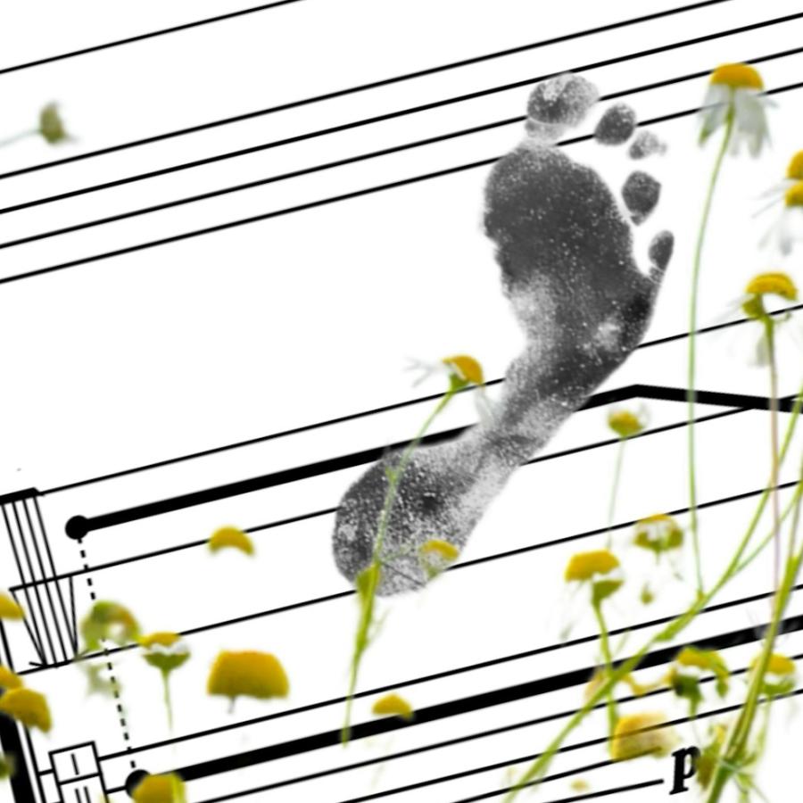 A footprint on top of a sheet of music, with flowers surrounding the right side of the foot.