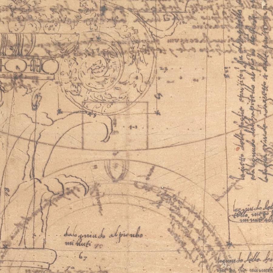 A portion of an ink on paper architectural drawing from the 16th Century.