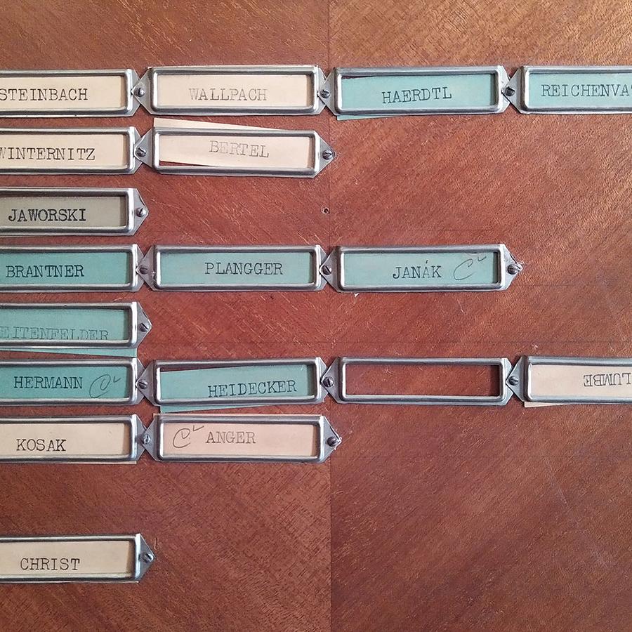A close up a name chart of civil servants in the Ministry of Public Works in Vienna.