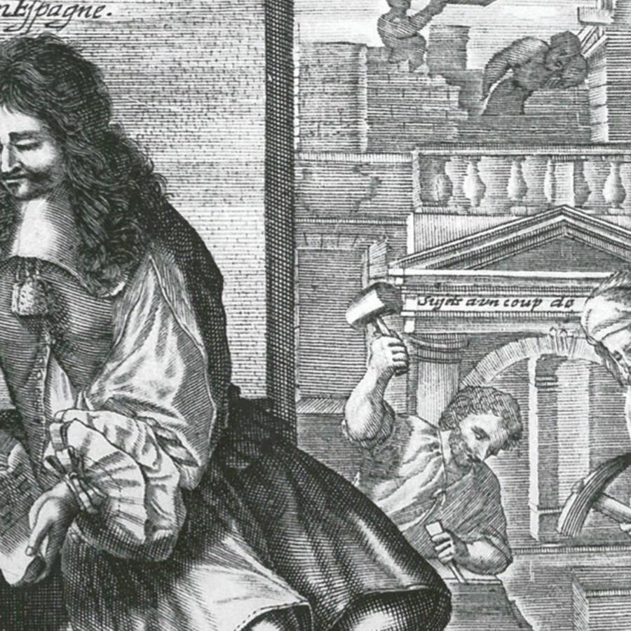 An etching on paper of a man measuring an architectural drawing, whilst two workers toil in the background.