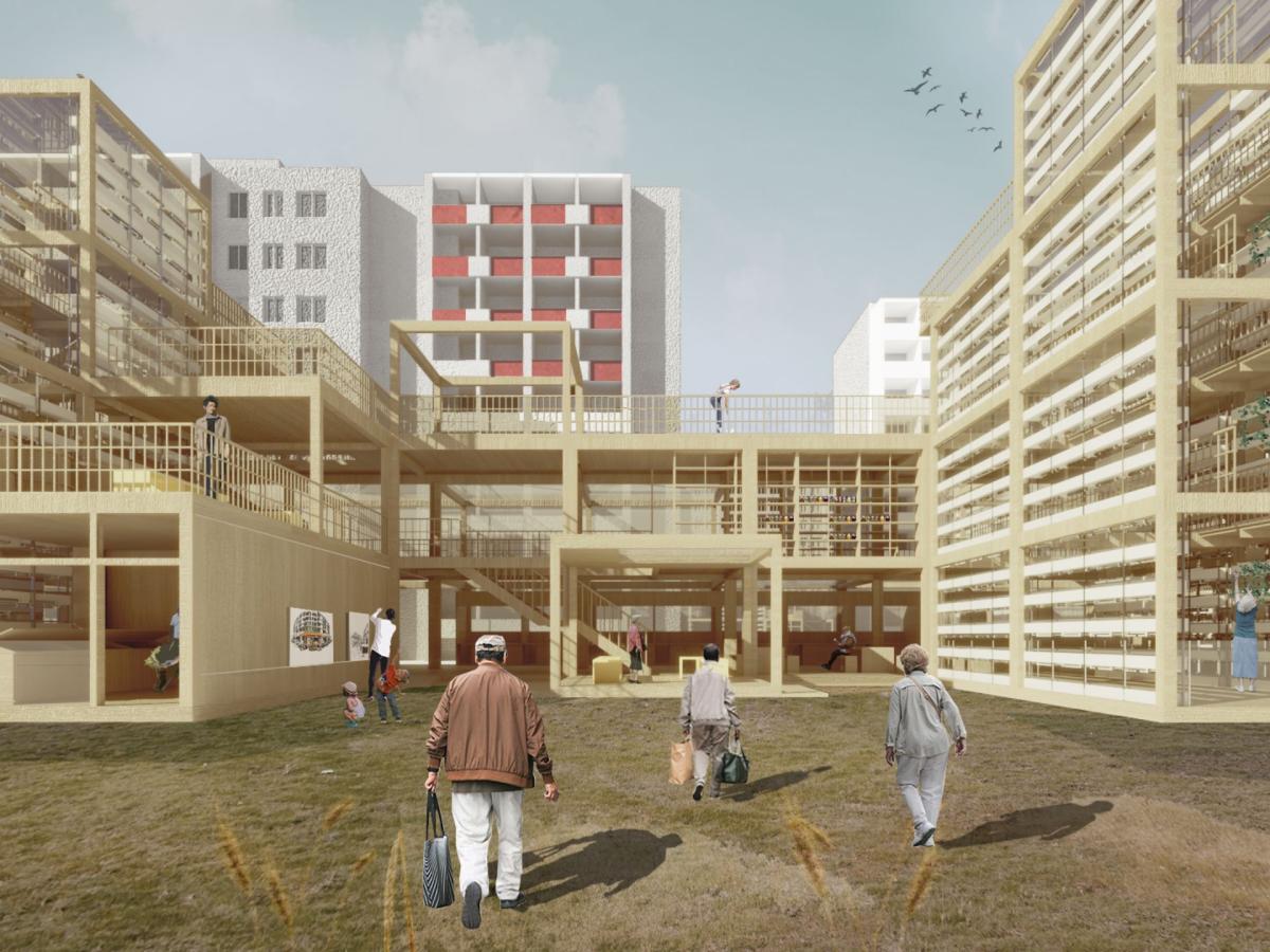 Architectural rendering showing the main entrance to a proposed residential complex including a community farm