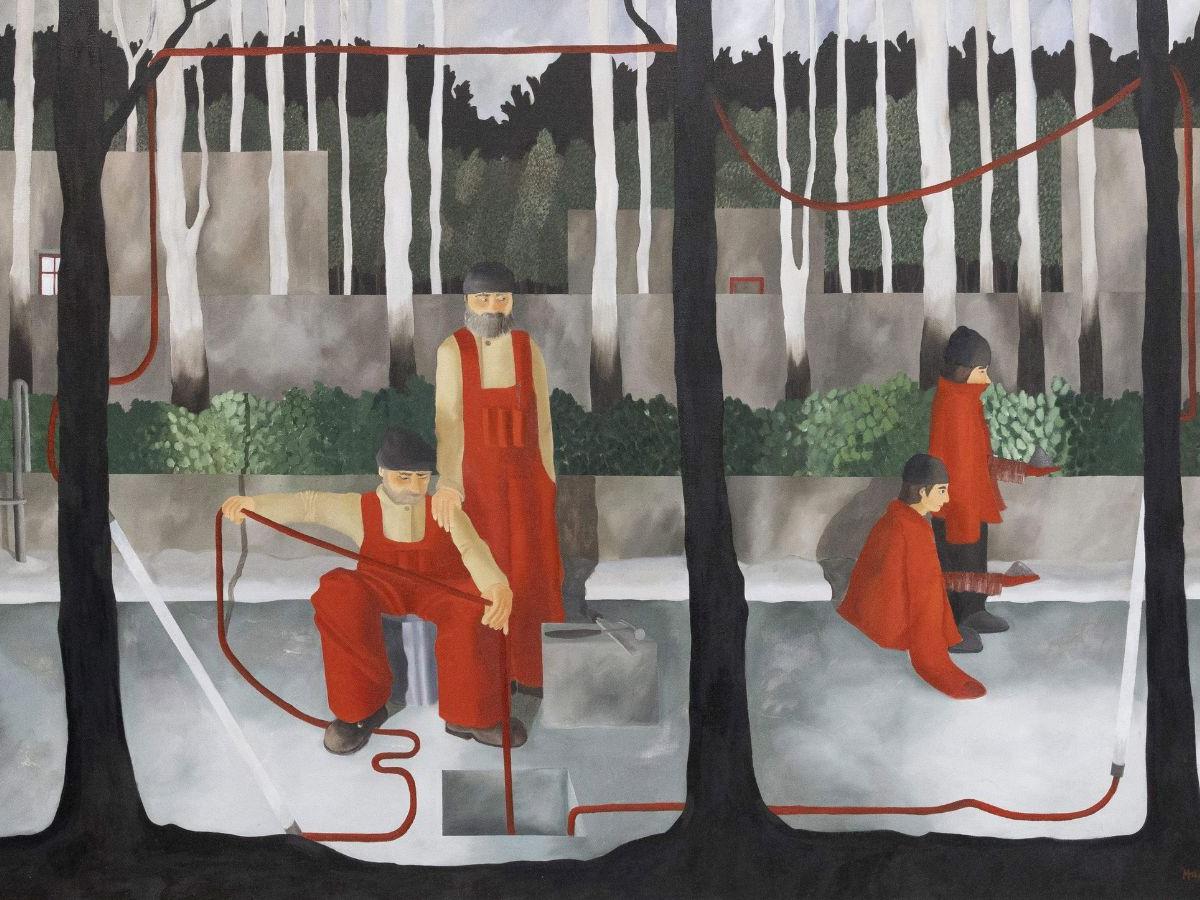 A painting. The foreground shows three narrow tree trunks, framing four figures in orange/red clothes. The two smaller figures, to the right, are feeding ducks. One of the two larger figures, centre, is lowering rope into a hole in the ground; the other stands beside them. There are further white, narrow tree trunks in the background.