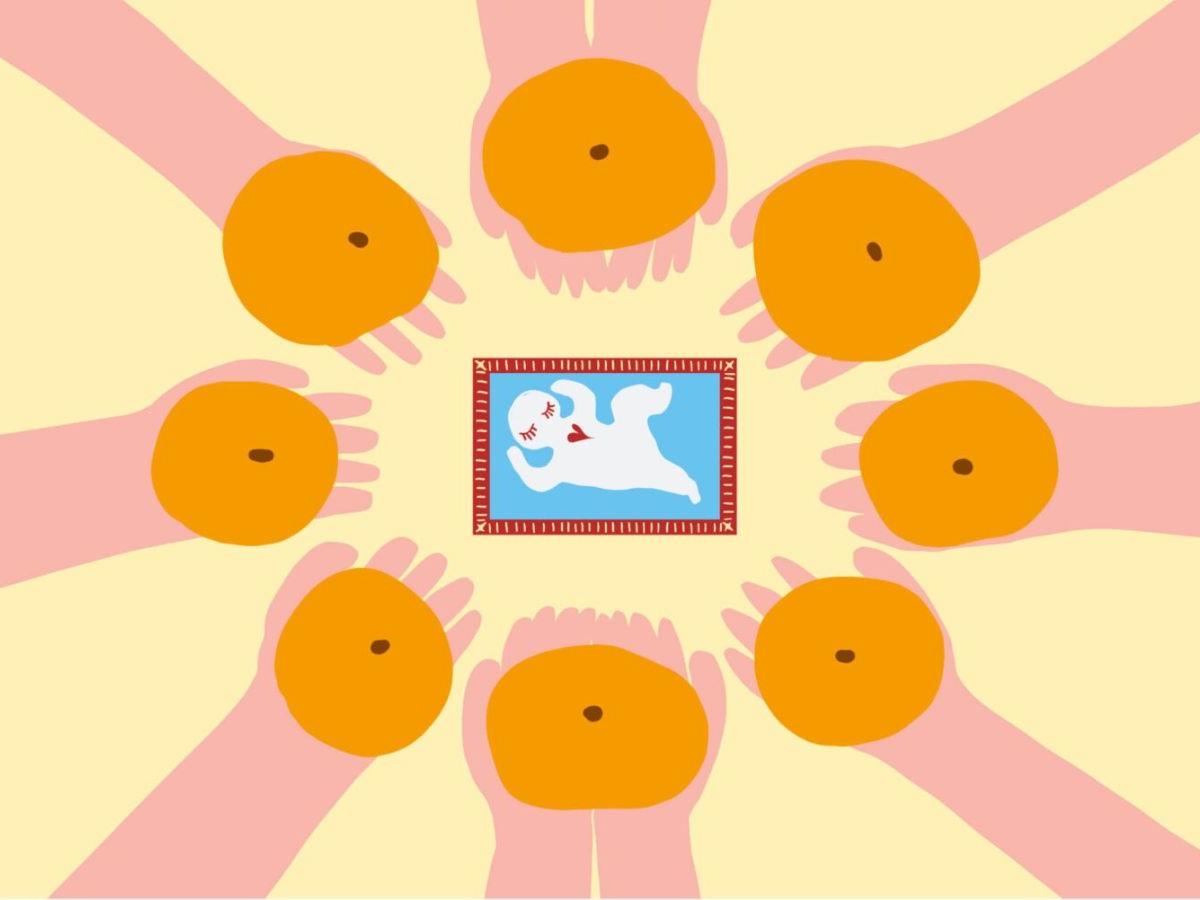 A pale yellow background, with a series of pink arms and hands reaching in to the centre, each holding an orange. They form a ring, and in the middle is a white outline of a baby, with a little red heart, lying on a blue mattress, in a red cot, seen from above.