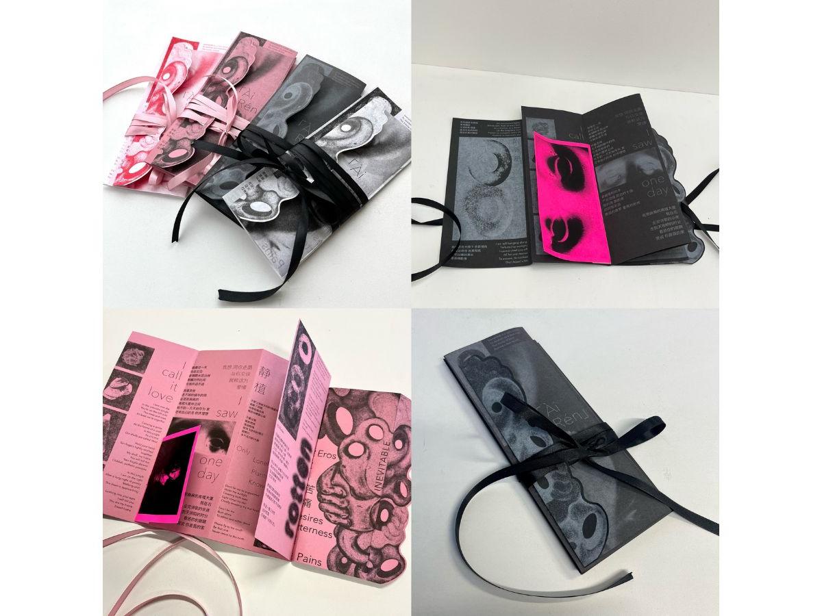 Four images showing folded, illustrated work on card, which can be tied closed with a ribbon