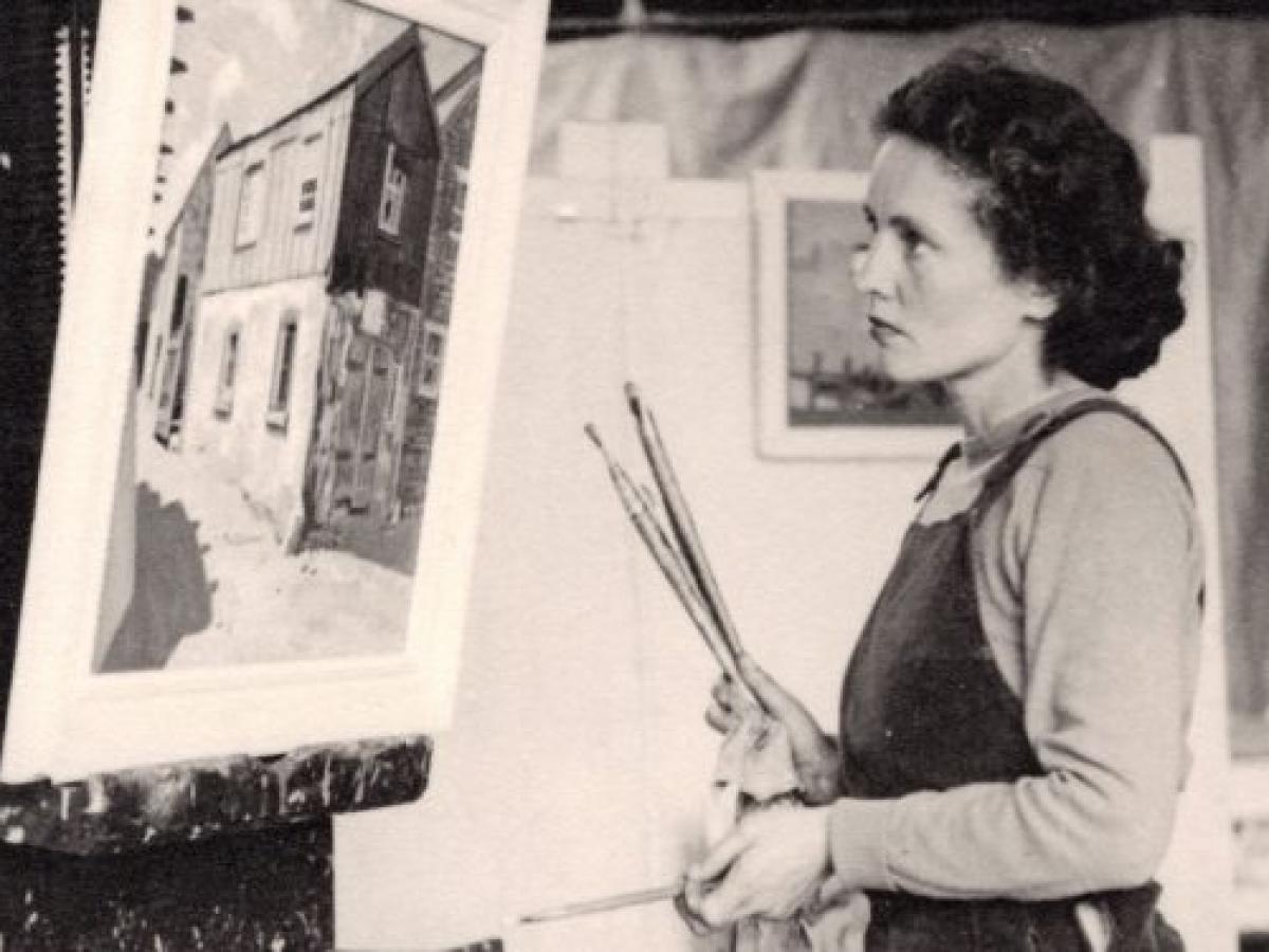 A black and white photo of Wilhemina Barns-Graham in her Porthmeor Studio in 1947