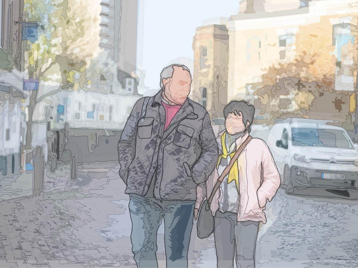 A photo which has been manipulated to look like a drawing. It shows an older man and woman strolling down a street arm in arm.