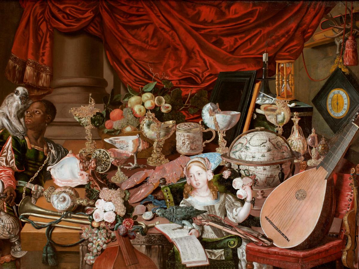 A painting of the Paston Treasures depicts a table with numerous objects on it. From musical instruments and various foods, to ceramics and shells. 