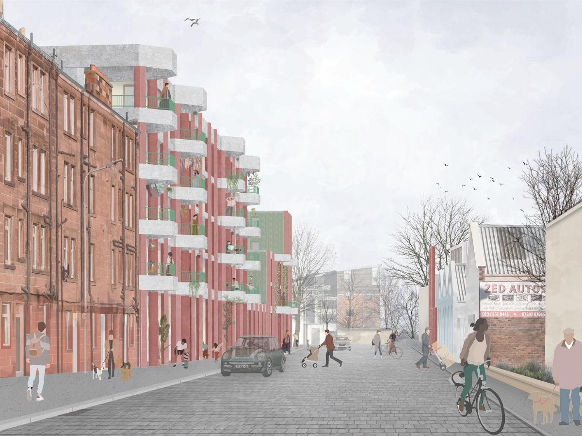 An Edinburgh streetscape - alongside traditional tenements on the left are a row of more modern buildings, reddish pink with white balconies