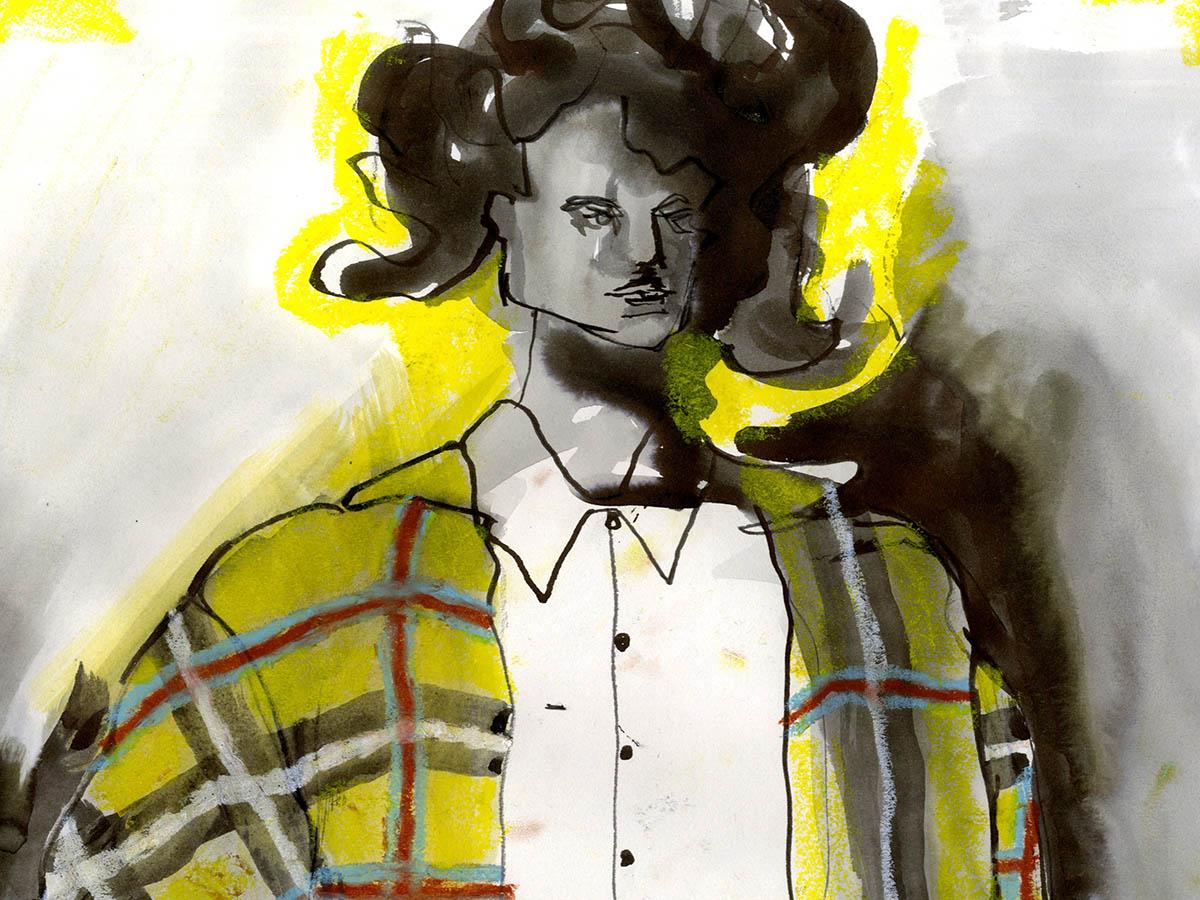 A striking, stylised fashion illustration done in pen and mixed media of a model wearing a yellow, red and black checked coat. They have dark curly hair.