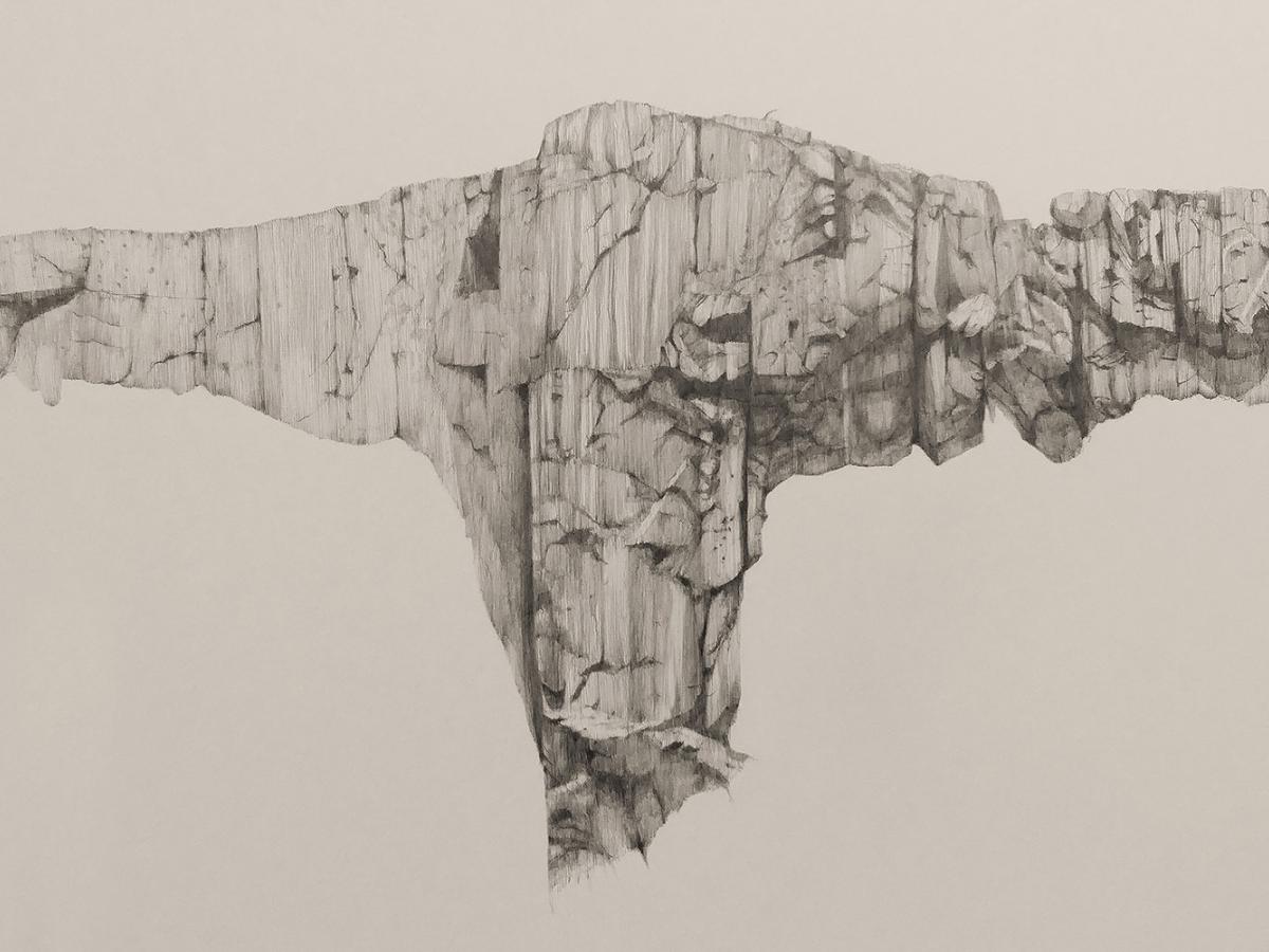 Detail from a pencil drawing of a rock face on a buff-coloured background