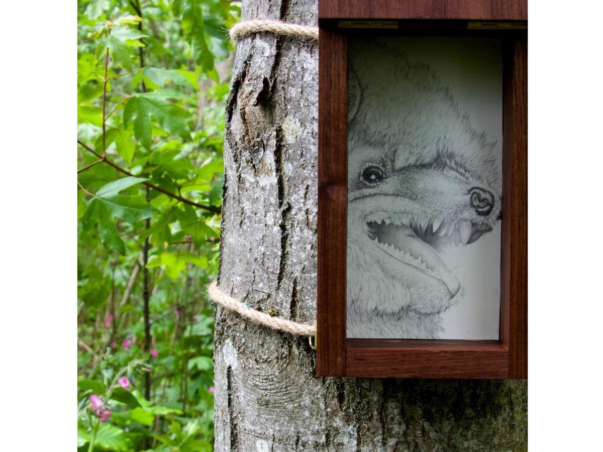 A box made of dark wood is tied to a tree with rope. Within it is a detailed close up drawing of a bat's head. We see its eye, its nose, and sharp teeth in its open mouth. We see greenery behind the tree trunk.