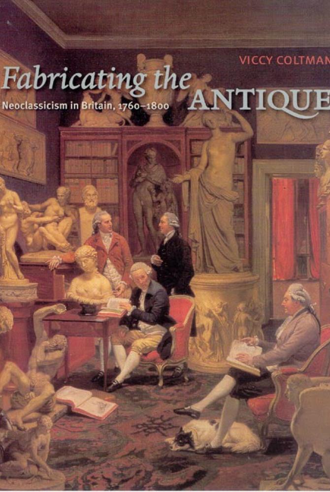 A book cover with a painting of 4 men from the 1700s in a room full of sculptures