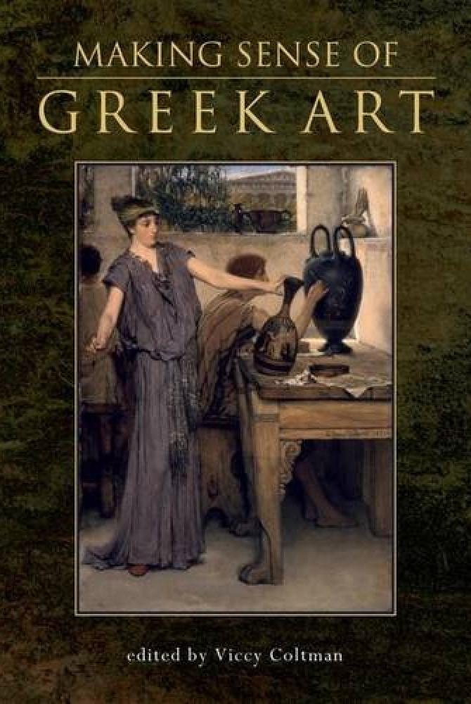 A book cover with a painting of two women looking at Greek vases
