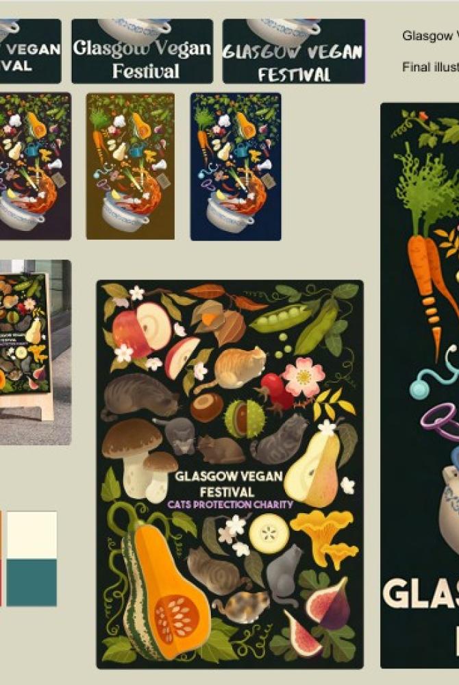 a digital image of planning a graphic design piece for glasgow vegan festival, including different colour swatches and drawings of plants and animals