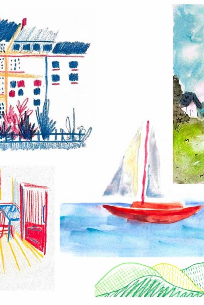 simple and colourful crayon and watercolour drawings of different scenes, such as the inside of a cafe or a boat on water