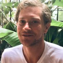 A person sitting in front of plants