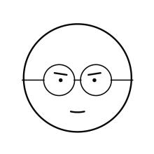 A line drawing of a round face with glasses, a slight frown and smile.