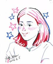 A colourful drawing of Ysabelle with stars around her.