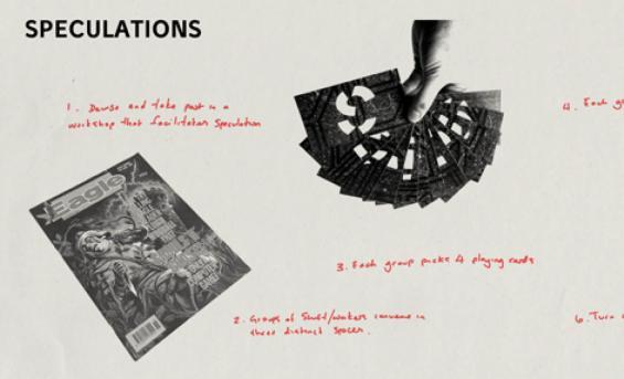 Black and white photos of a magazine and a hand holding cards