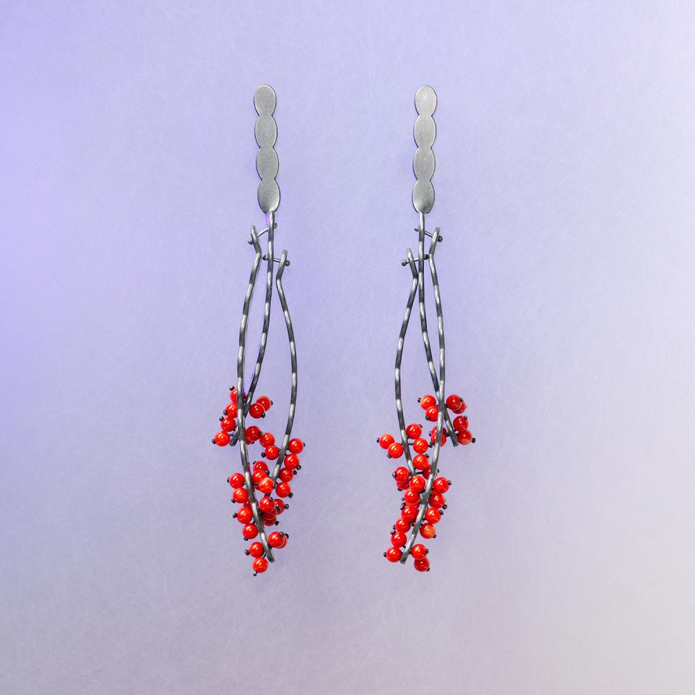 Bloom earrings 2021 Oxidised silver, faux coral, nylon. L78mm. Photo Shannon Tofts