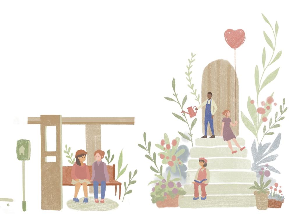 Playful illustration on a white background. Characters are sitting at a bus stop, on steps, holding flowers and balloons.