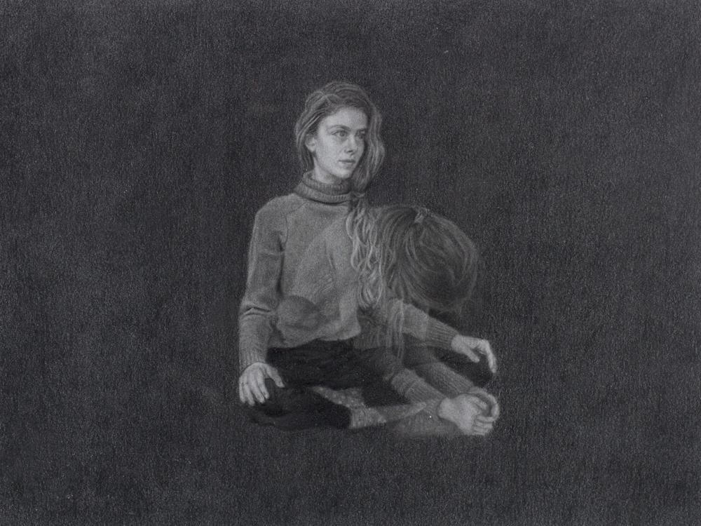 Grayscale drawing on a dark grey background. A person sits cross legged, with what seems to be a shadow of themself overlaid, falling forward.