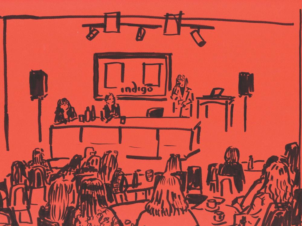 Red/orange background, with black pen ilustration on top, depicting a talk at the conference, from the point of view of an attendee. 