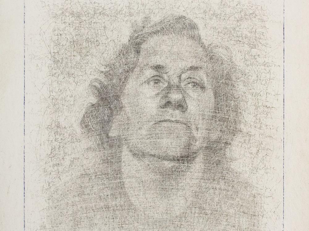 A detailed drawing of a person in grey on an off-white background