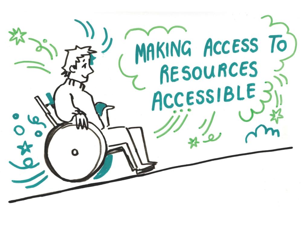 Pen illustration of a person in a wheelchair on white background, text reads "Making access to resources accessible"