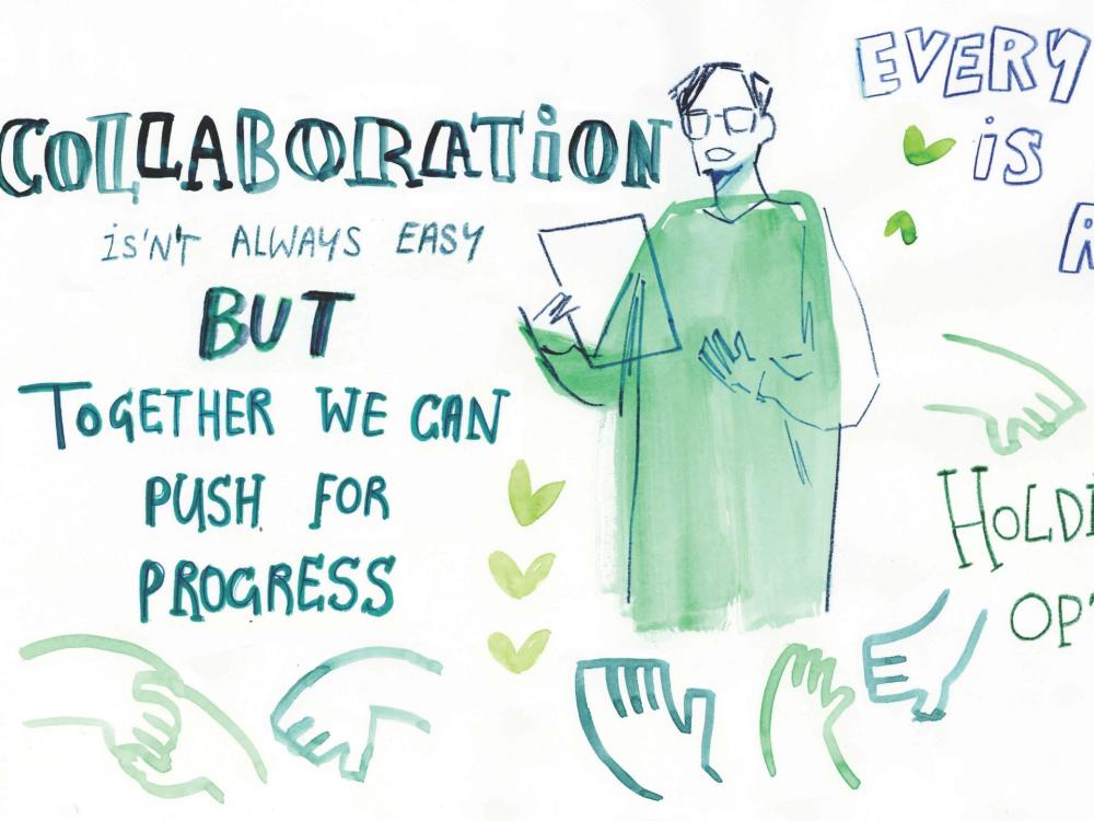 Illustration of someone reading aloud from a sheet of paper. Text reads, "Collaboration isn't always easy but together we can push for progress. Holding onto optimism. Every child is an artist."