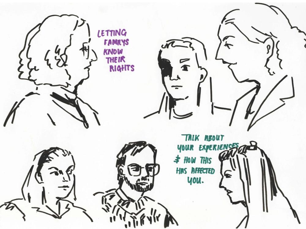 Illustration featuring six line illustration faces. Text reads "Letting families know their rights. Talk about your experiences and how this has affected you."