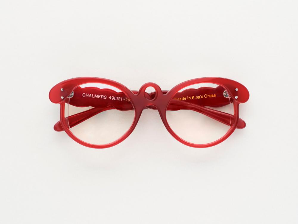 A photo of Holly's red Chalmers glasses design against a white background.