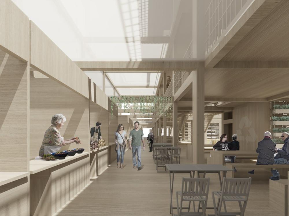Architectural rendering showing a proposal for a market with stalls and seating areas