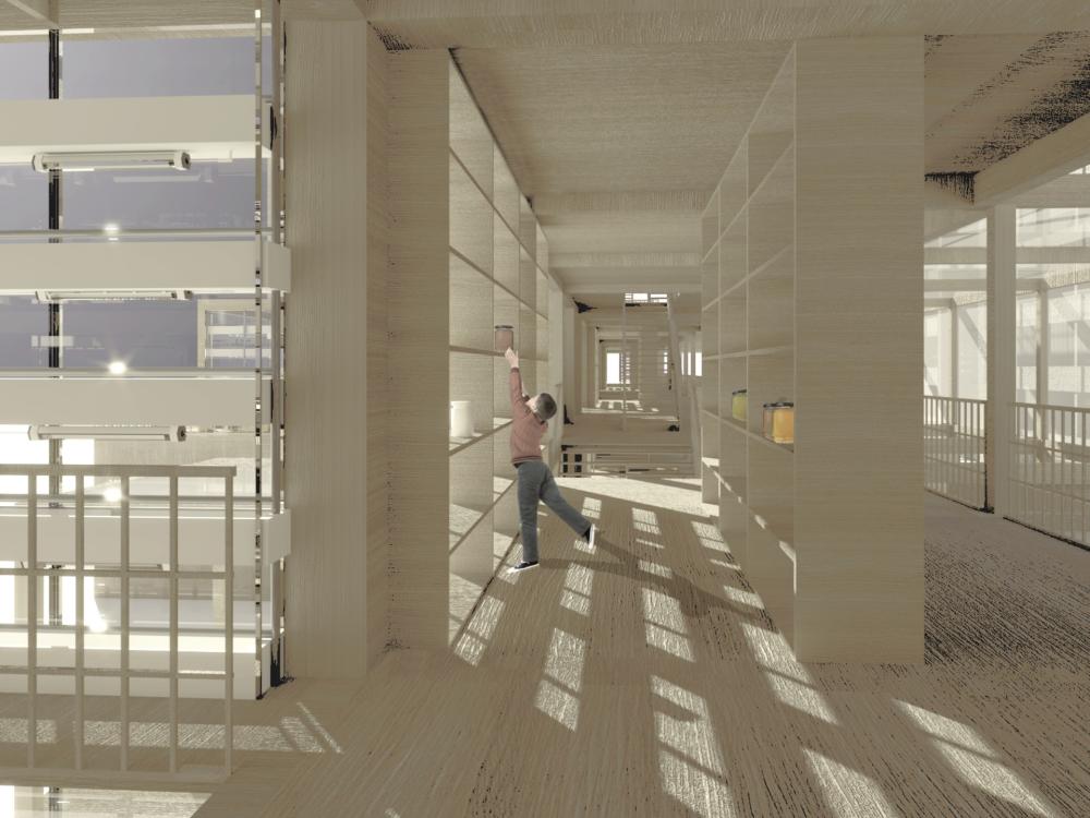 Architectural rendering showing a food storage proposal, with a person putting some food onto a a shelf