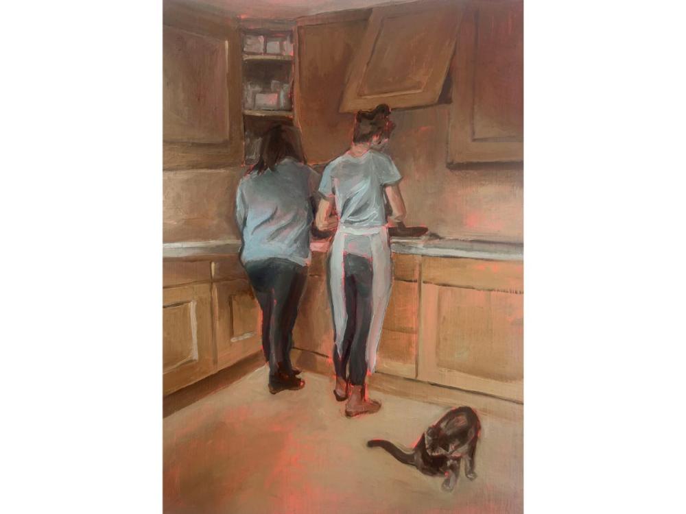 A painting of two women at work in a domestic kitchen. They have their backs to the viewer; both are wearing dark trousers and grey/white tops. A cat sits on the floor in the right foreground.