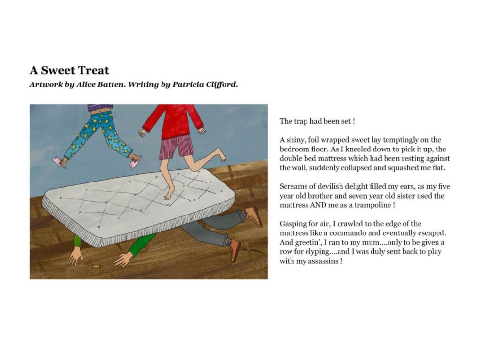 The content of one of the postcards, laid out with the illustration to the left and the story to the right. The image shows a mattress on the floor with two people jumping on it, and the legs and arms of a third person just visible, poking out from underneath.