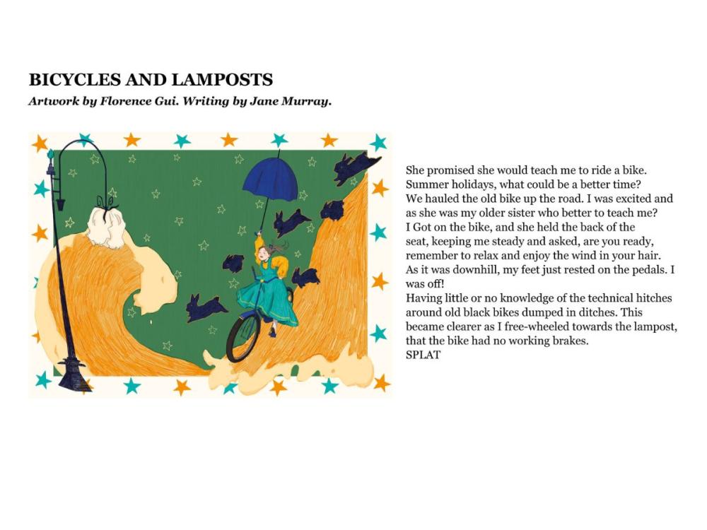 The content of one of the postcards, laid out with the illustration to the left and the story to the right. The image shows a young girl in a long turquoise dress, riding a bike and holding a blue umbrella aloft. She’s whizzing down an orange hill, which also looks rather like a wave, rising to a crest in front of her. She’s accompanied down the hill by several dark blue rabbits. On the left stands a wrought iron lamp post, the girl hurtling towards it. The background is green with white stars