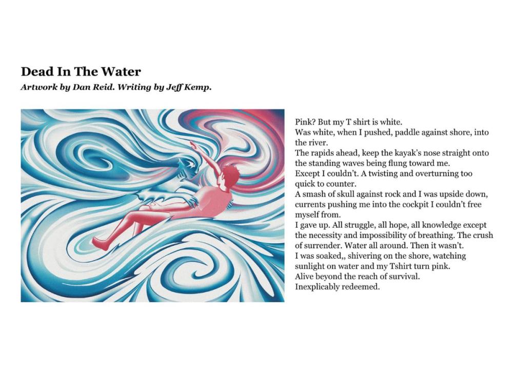 The content of one of the postcards, laid out with the illustration to the left and the story to the right. The image is full of blue and white swirls, with pink in the swirls in the top right part of the picture. Diagonally across the middle is an image of a man, pink in colour, one arm outstretched. He is being held by an abstract figure which blends perfectly into the swirls, its face looking into the face of the pink man, its arms clutching his upper arms.