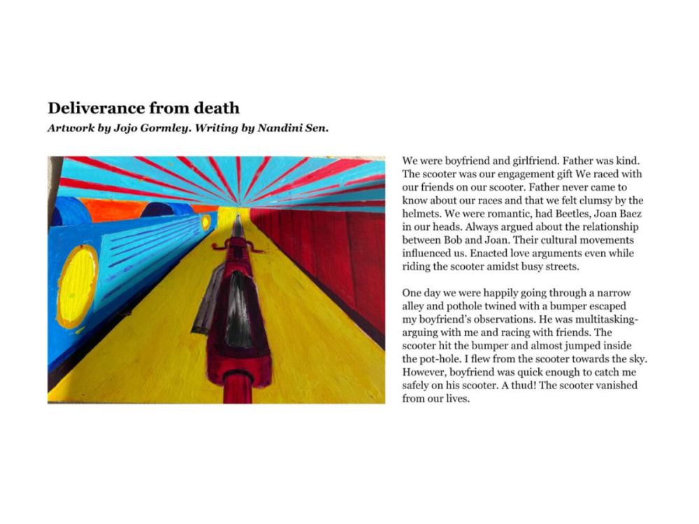 The content of one of the postcards, laid out with the illustration to the left and the story to the right. The image is brightly coloured, suggestive of a scooter travelling through a narrow tunnel.
