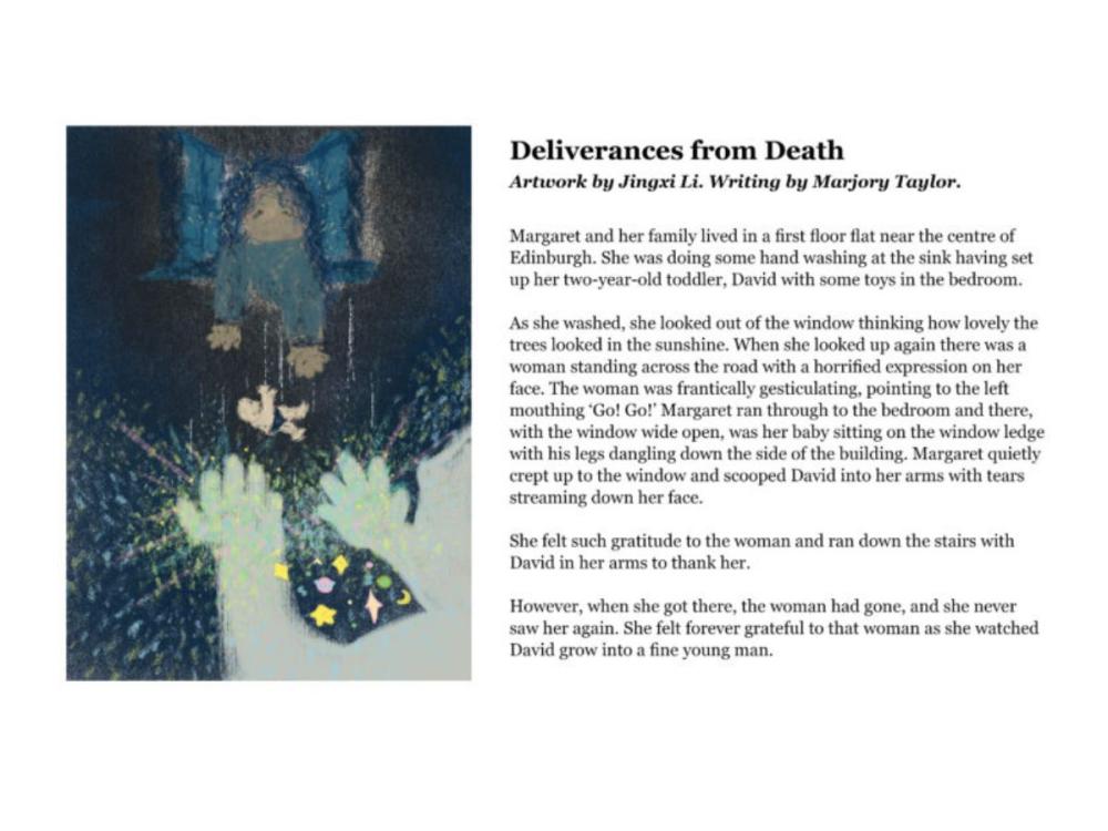 The content of one of the postcards, laid out with the illustration to the left and the story to the right. The image shows a person leaning out of a window, a small baby dropping below their grasp, and in the foreground a person reaching out towards the baby.