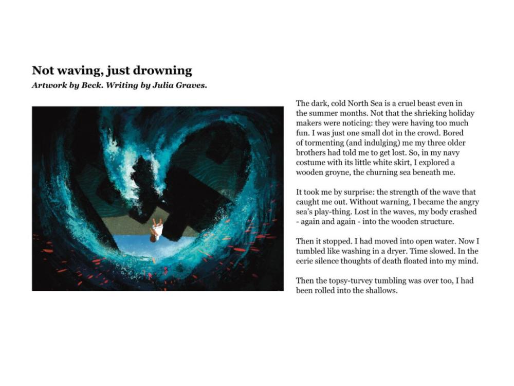 The content of one of the postcards, laid out with the illustration to the left and the story to the right. The image is dark, with swirling waves, In the centre, child in a white dress, falling from a groyne, but the image is tilted, almost upside down. 