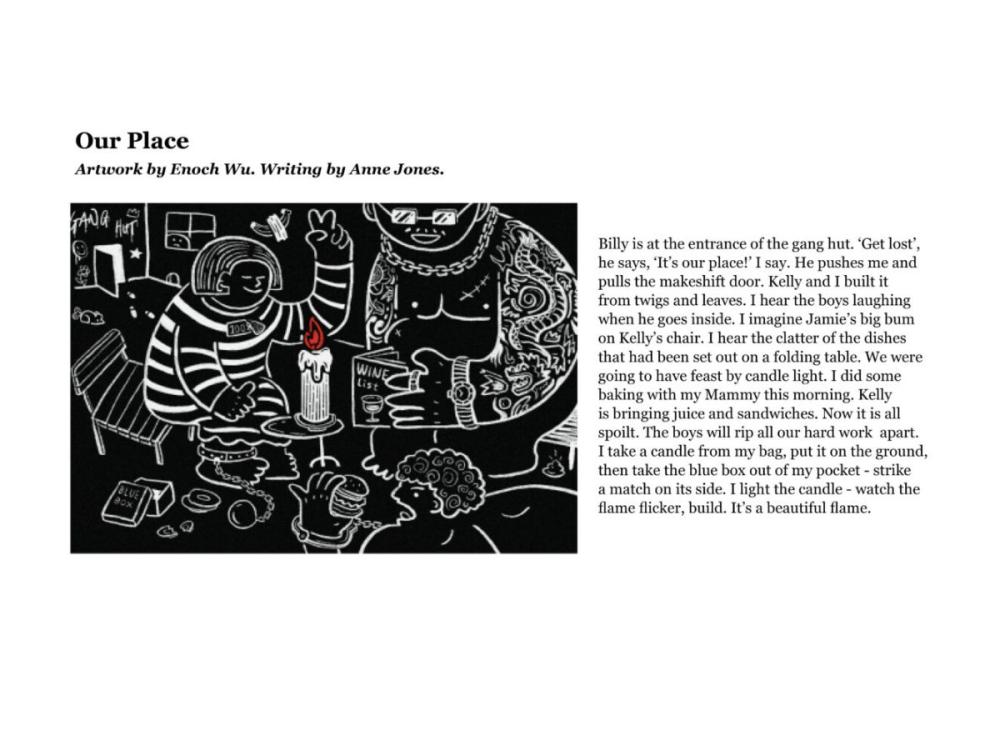 The content of one of the postcards, laid out with the illustration to the left and the story to the right. The image is a white line drawing on a black background, of three people gathered around a small table. On the table is a candle, its flame burning red.