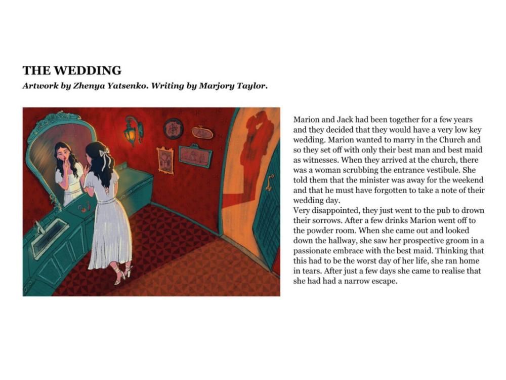 The content of one of the postcards, laid out with the illustration to the left and the story to the right. The image shows a young woman in a white dress, standing in front of a blue dressing table and applying make up in the mirror. Out of her view, through an open doorway, we see an outline of a man and woman in an embrace.