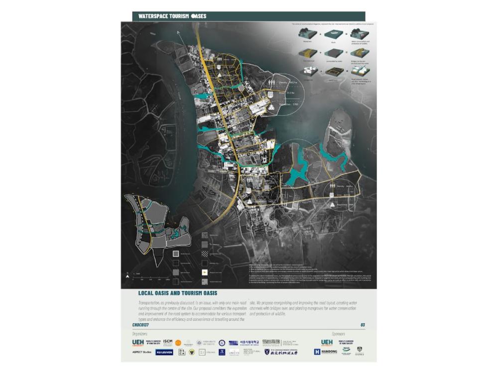 A project board showing a map of the area, with proposals highlighted for road layout improvement, water channels and mangrove planting