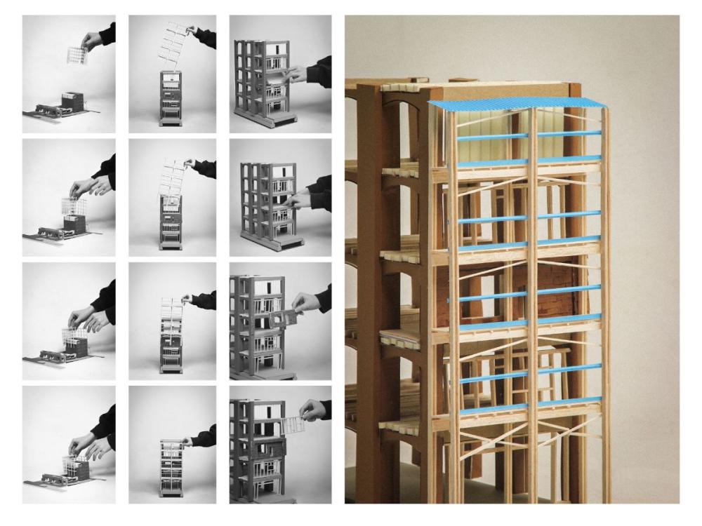 Photographs of a wooden model of the building, showing how elements of the front can be taken out and replaced. There are 12 small black and white images, and one large colour image