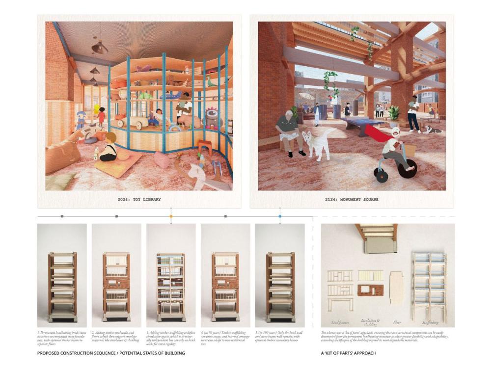 Two coloured digital illustrations showing spaces in and around the building - the toy library has curved shelves full of toys, and Monument Square shows lots of people enjoying the space - a child on a tricycle, a man with a dog, a man holding a baby, and others.