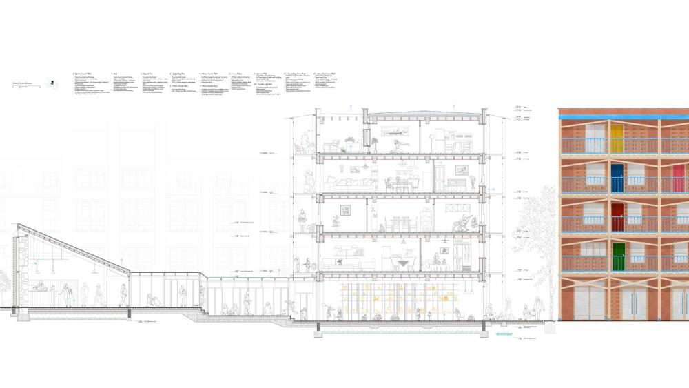 Side elevations of the building - a black and white drawing shows a cross-section, and a coloured image shows the front, with a series of brightly coloured front doors to individual apartments