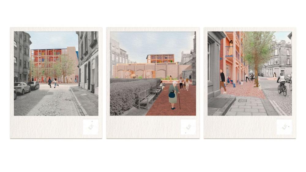 A series of three images showing the proposed building from different angles - the existing streetscape is black and white, but the proposed areas of new building are colourful and enticing.