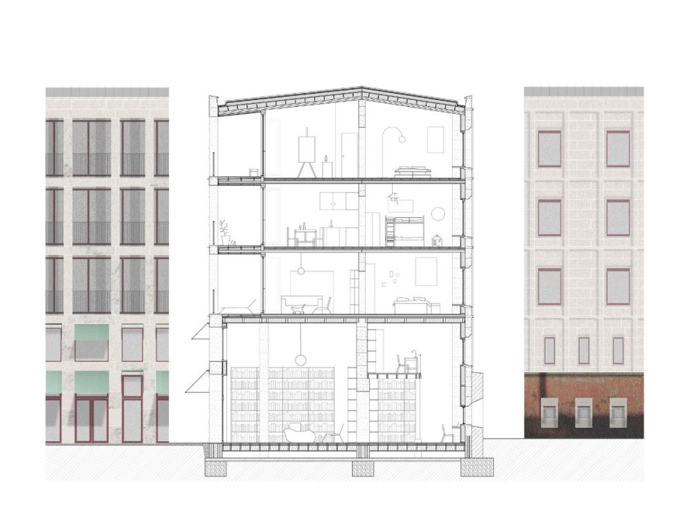 A cross section of a four storey building, including living rooms, bedrooms, and on the ground floor, a library